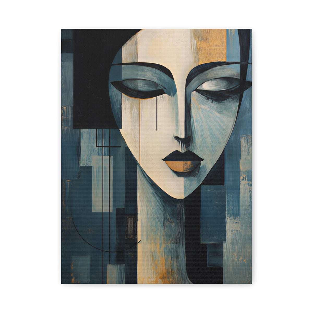 Elongated cubist woman in slate blue, charcoal, ivory and muted gold fragments, eyes closed against geometric architectural forms.