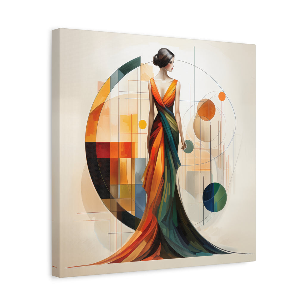 Chromatic Elegance — Abstract Geometric Fashion Portrait in a Flowing Couture Gown