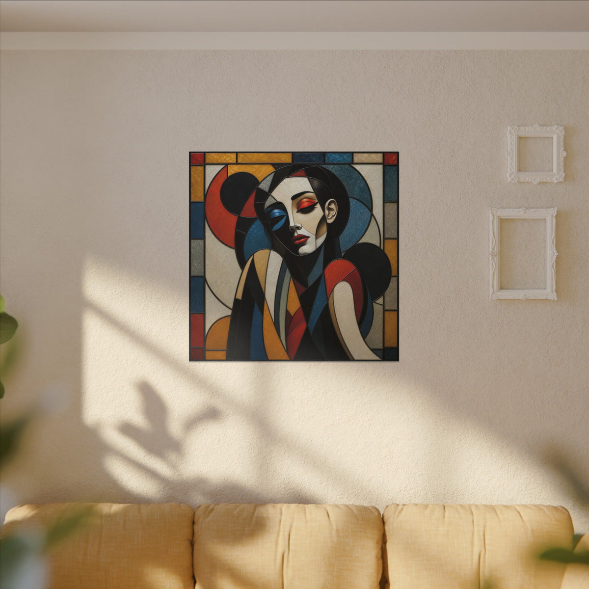 Split Between Colors – Geometric Stained Glass Woman Portrait Canvas Print