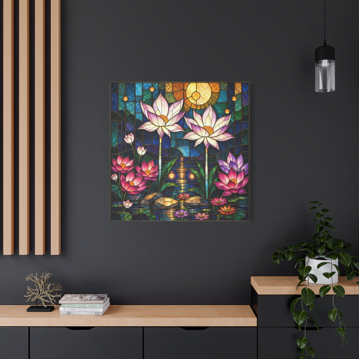 Moonlit Lotus Sanctuary — Stained Glass Floral Garden Wall Art