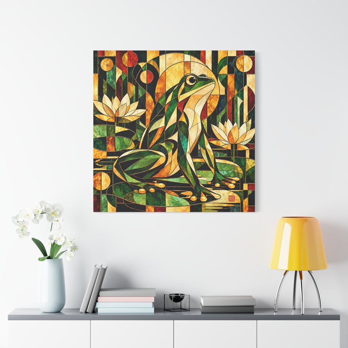 The Golden Witness | Art Deco Stained Glass Frog Art