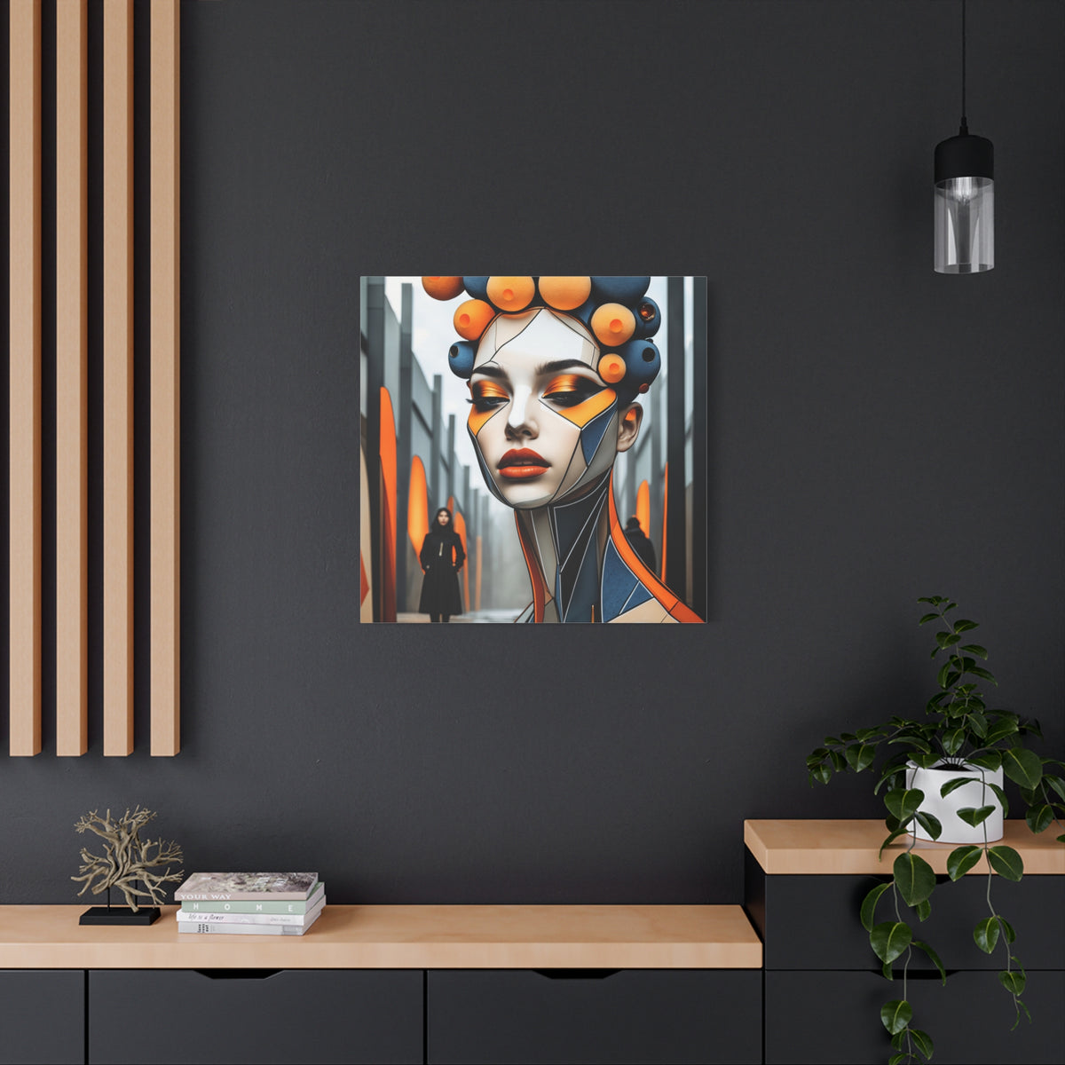 Future Icon — Futuristic Geometric Woman Portrait in Orange & Midnight Blue