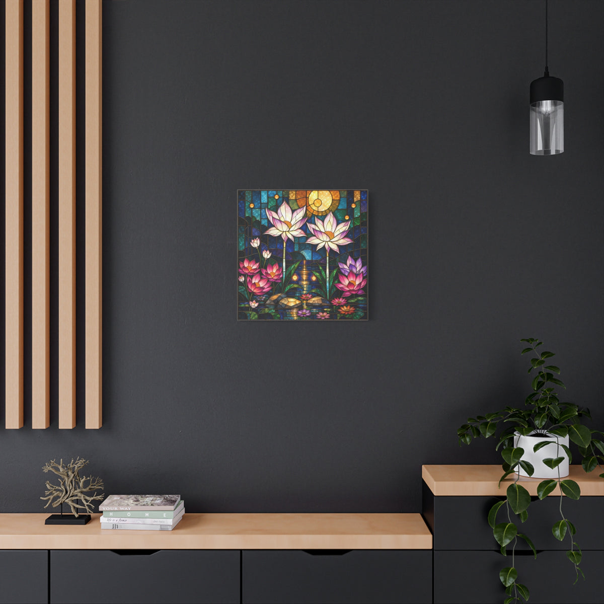 Moonlit Lotus Sanctuary — Stained Glass Floral Garden Wall Art