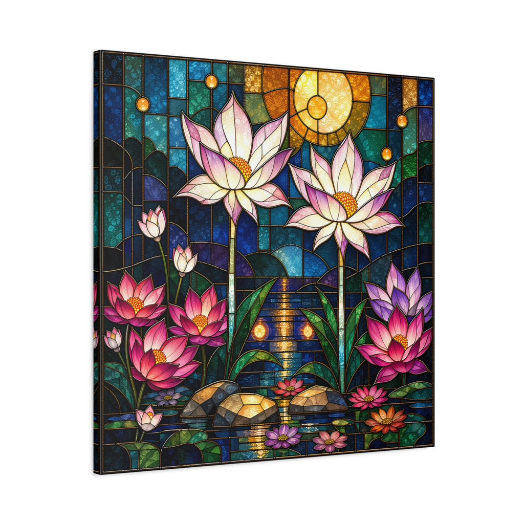 Moonlit Lotus Sanctuary — Stained Glass Floral Garden Wall Art