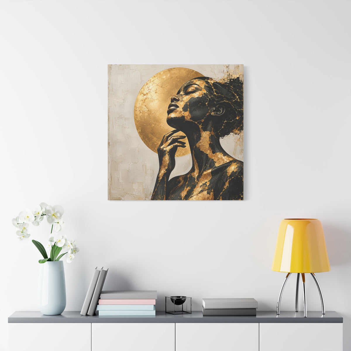 Crowned in Light — Modern Black & Gold Woman Portrait