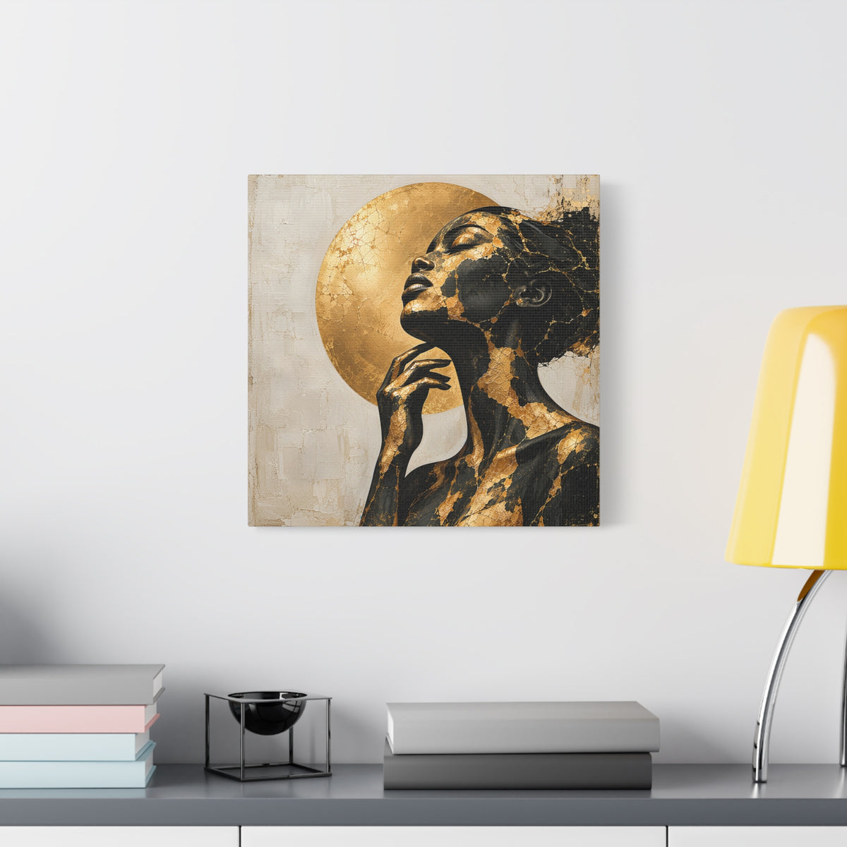 Crowned in Light — Modern Black & Gold Woman Portrait
