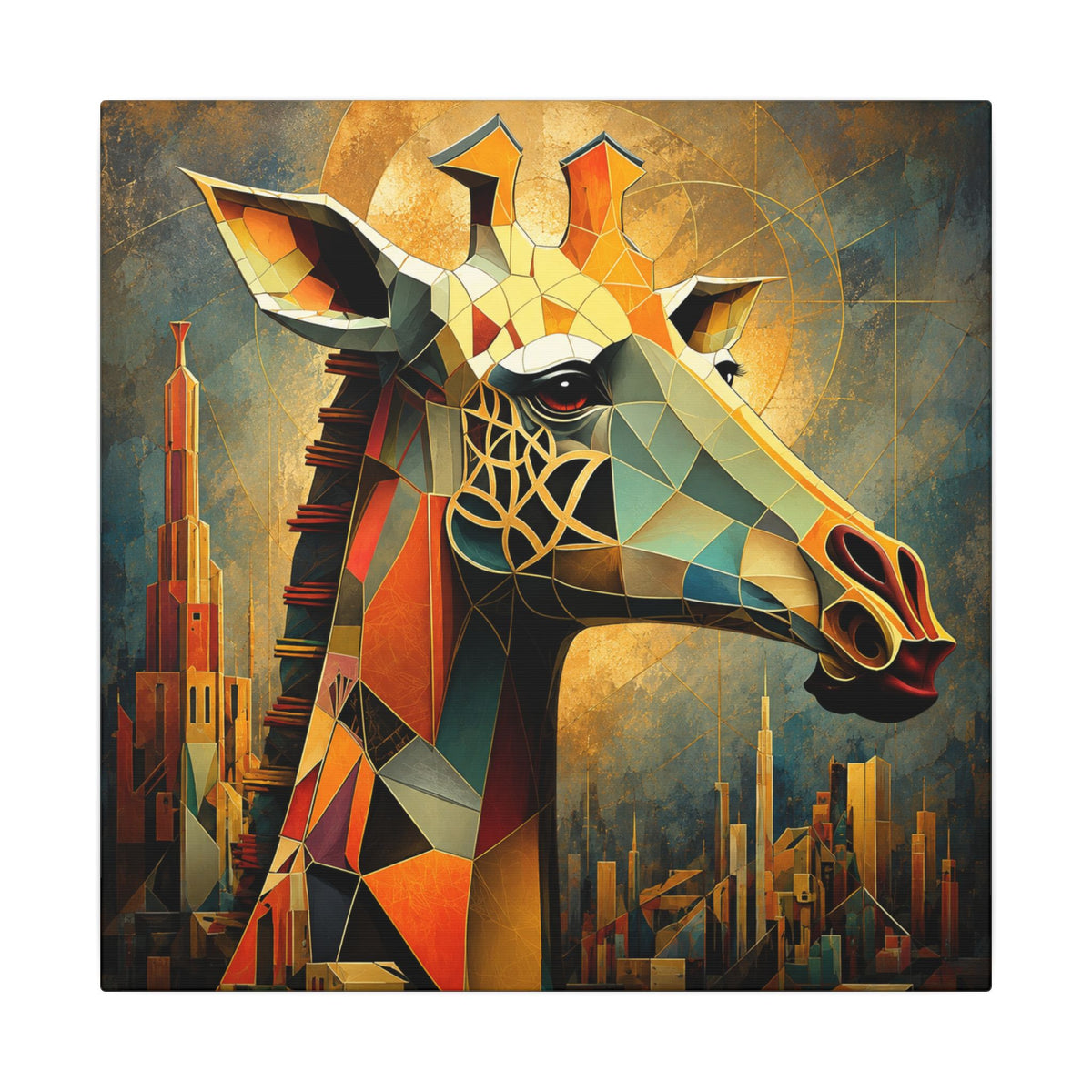 Cubist giraffe composed of intersecting teal, amber, ivory, charcoal, and burnt-orange planes with gold linework, set against angular futuristic towers and a radiant circular halo.
