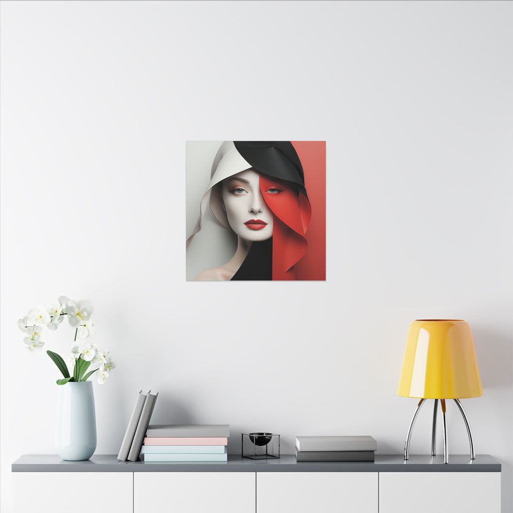Split Poise – Modern Red Black Female Portrait Canvas Print