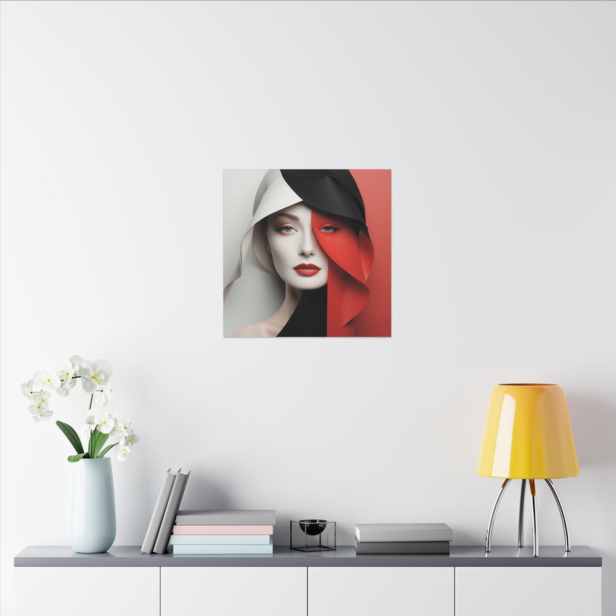 Split Poise – Modern Red Black Female Portrait Canvas Print