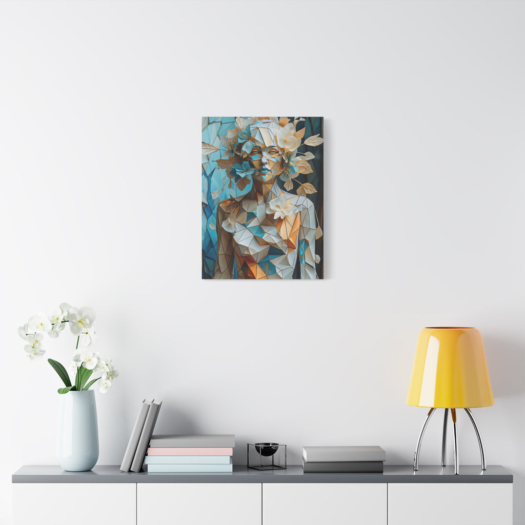 Blooming in Pieces — Geometric Floral Woman Portrait in Ivory, Turquoise & Gold