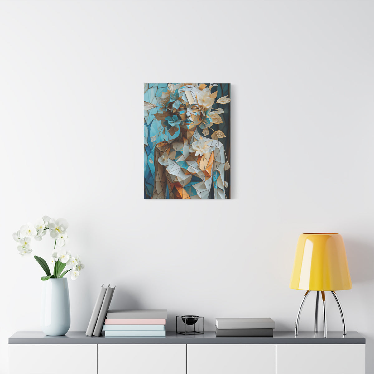 Blooming in Pieces — Geometric Floral Woman Portrait in Ivory, Turquoise & Gold