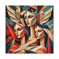 Three stylized cubist female angels with sweeping wings in ivory, gold, teal, sapphire, crimson, and coral, central figure flanked by two others
