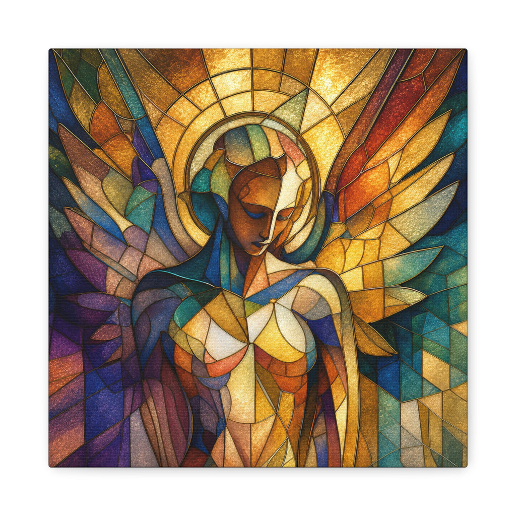 Stained-glass style angel with bowed head beneath a glowing golden halo, large teal-to-gold wings and geometric panes of cobalt, violet, amber, ivory, copper, and orange.