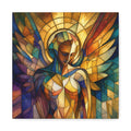 Stained-glass style angel with bowed head beneath a glowing golden halo, large teal-to-gold wings and geometric panes of cobalt, violet, amber, ivory, copper, and orange.