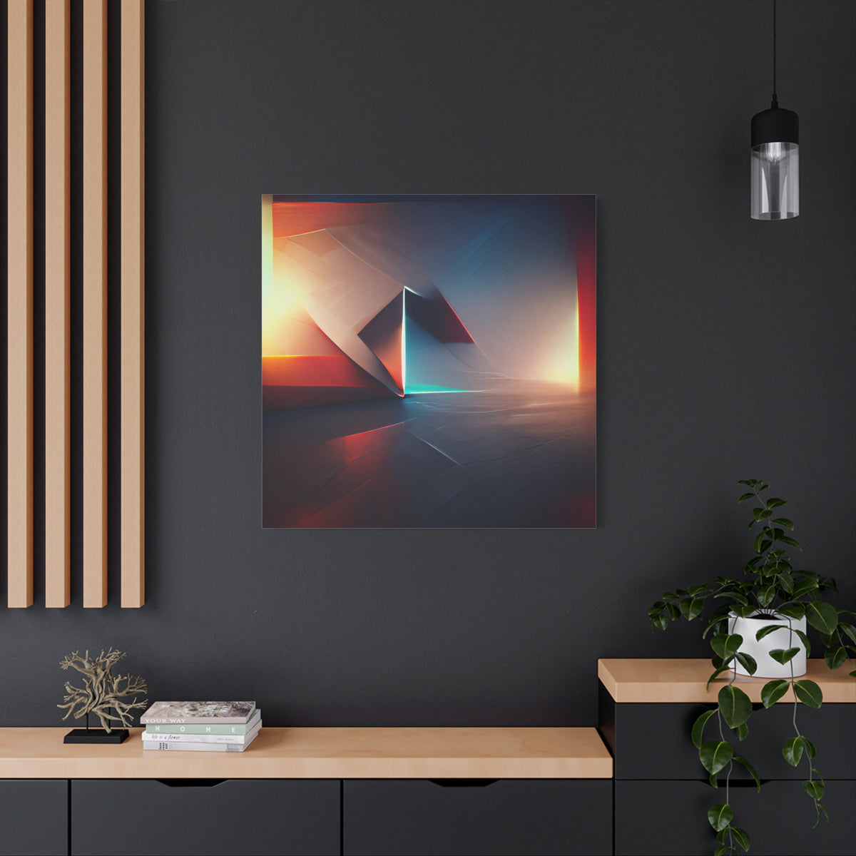 Threshold of Light — Luminous Geometric Abstract in Crimson, Indigo & Gold