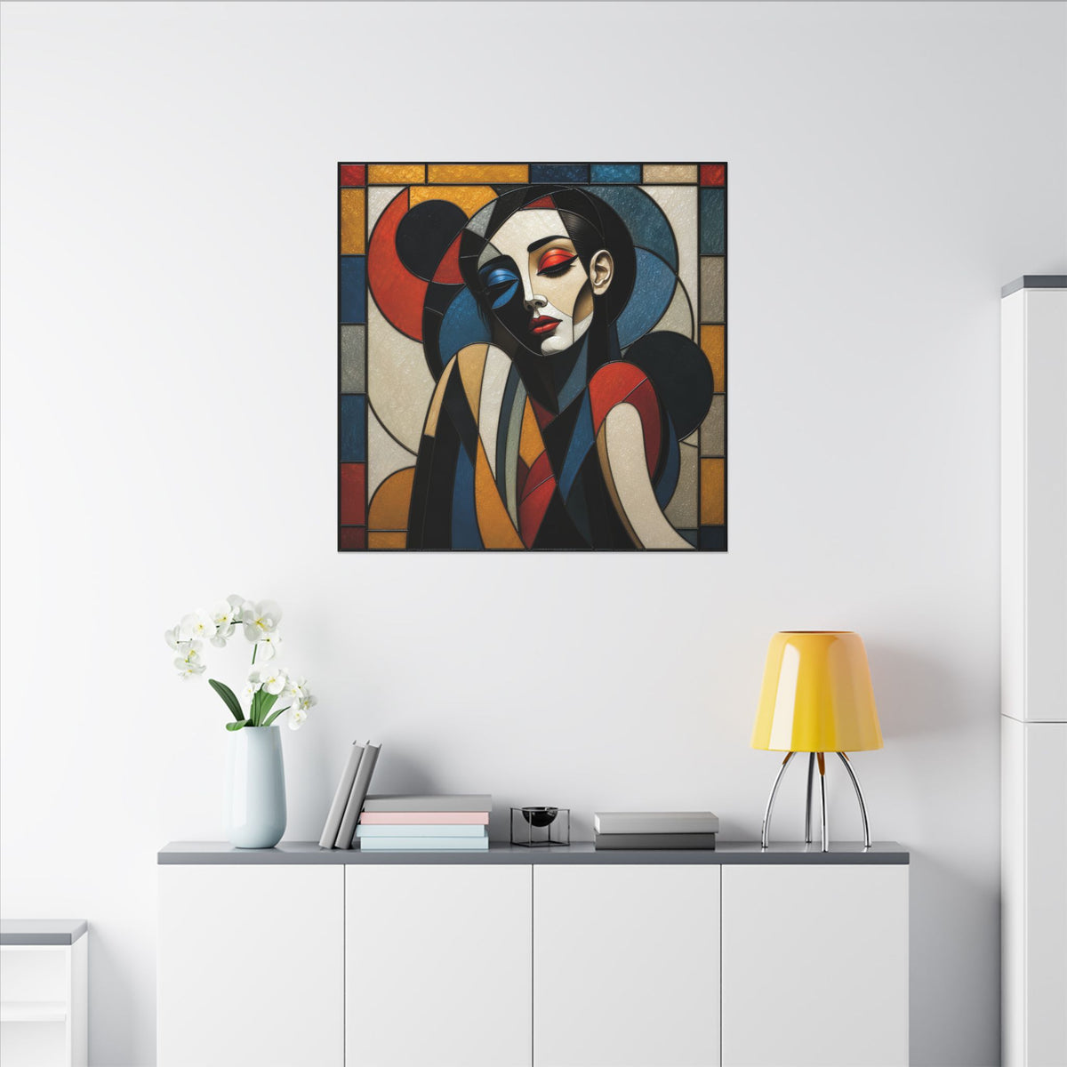 Split Between Colors – Geometric Stained Glass Woman Portrait Canvas Print