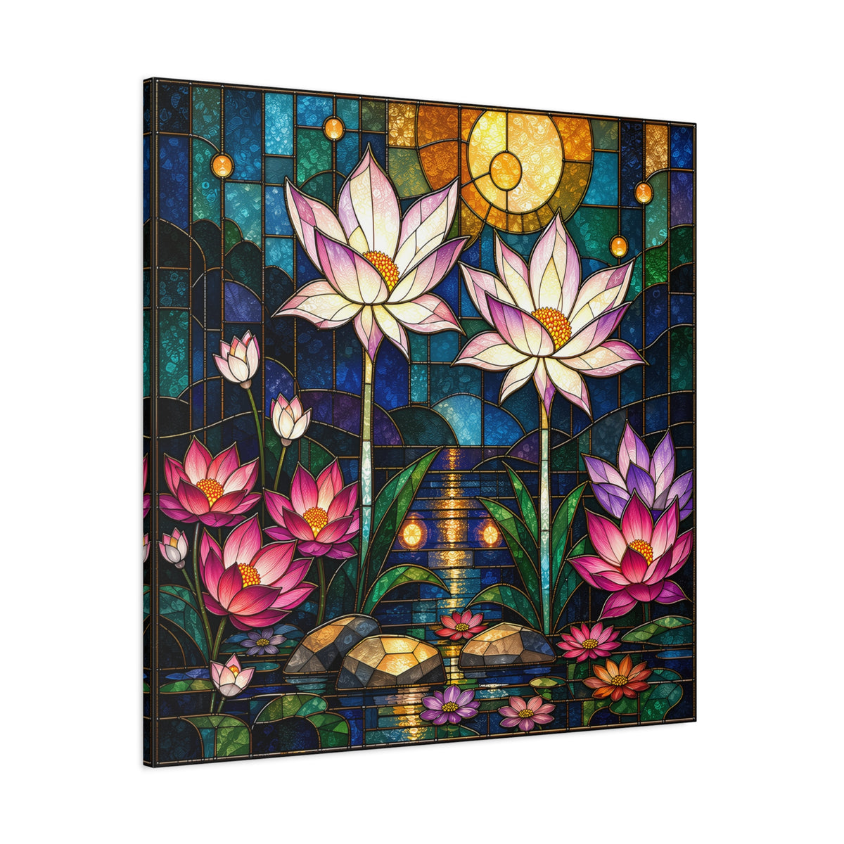 Moonlit Lotus Sanctuary — Stained Glass Floral Garden Wall Art