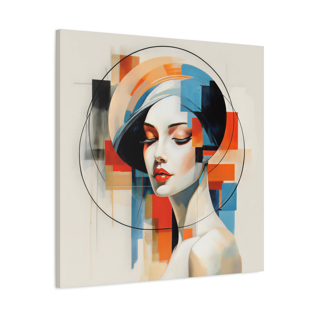 Perfectly Composed — Abstract Geometric Woman Portrait in Orange, Blue & Ivory