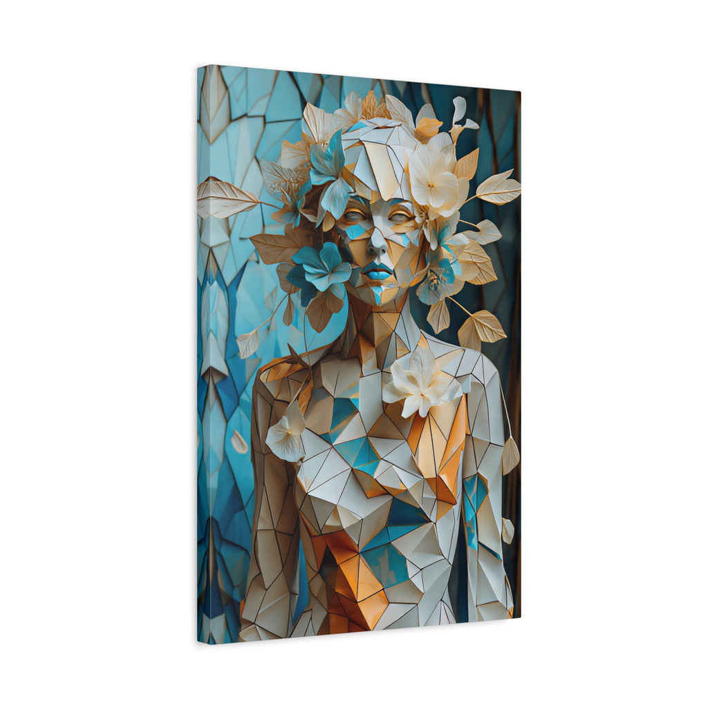Blooming in Pieces — Geometric Floral Woman Portrait in Ivory, Turquoise & Gold