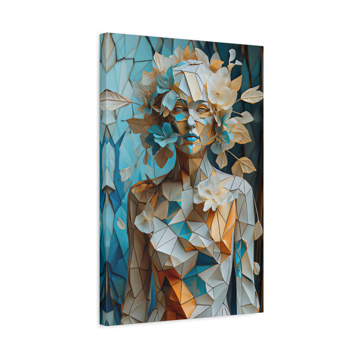 Blooming in Pieces — Geometric Floral Woman Portrait in Ivory, Turquoise & Gold