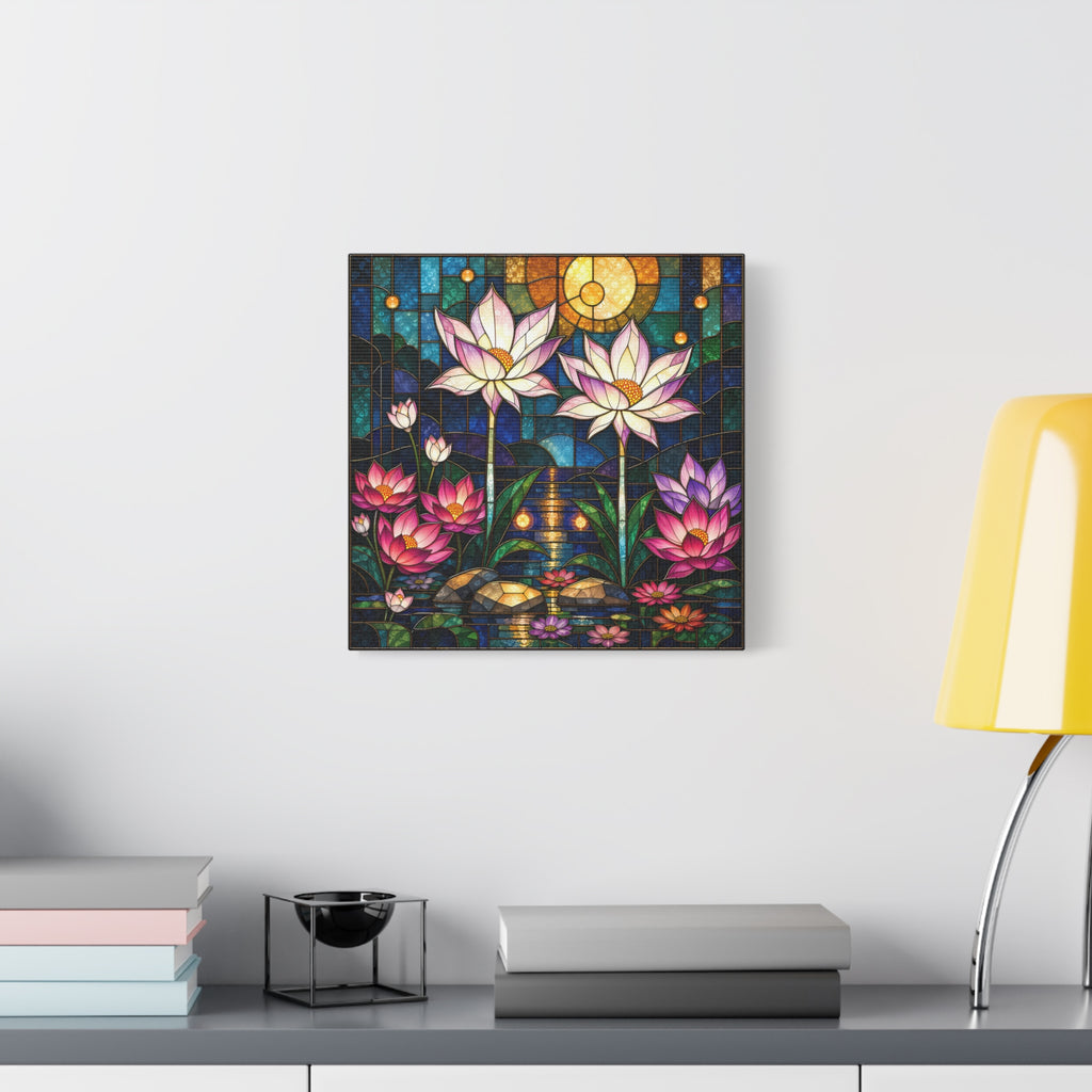 Moonlit Lotus Sanctuary — Stained Glass Floral Garden Wall Art