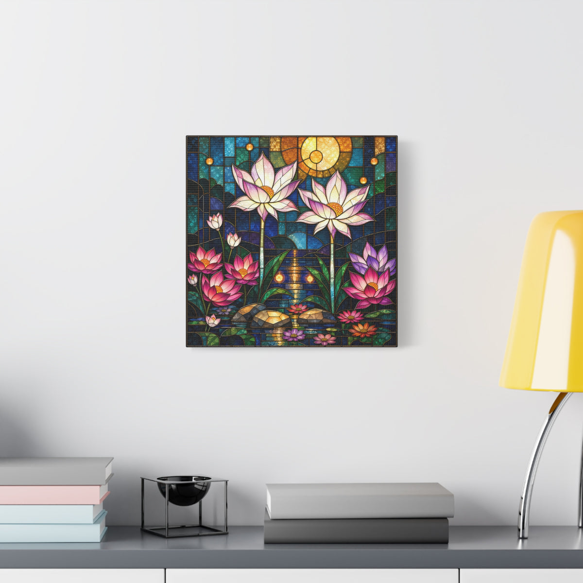 Moonlit Lotus Sanctuary — Stained Glass Floral Garden Wall Art