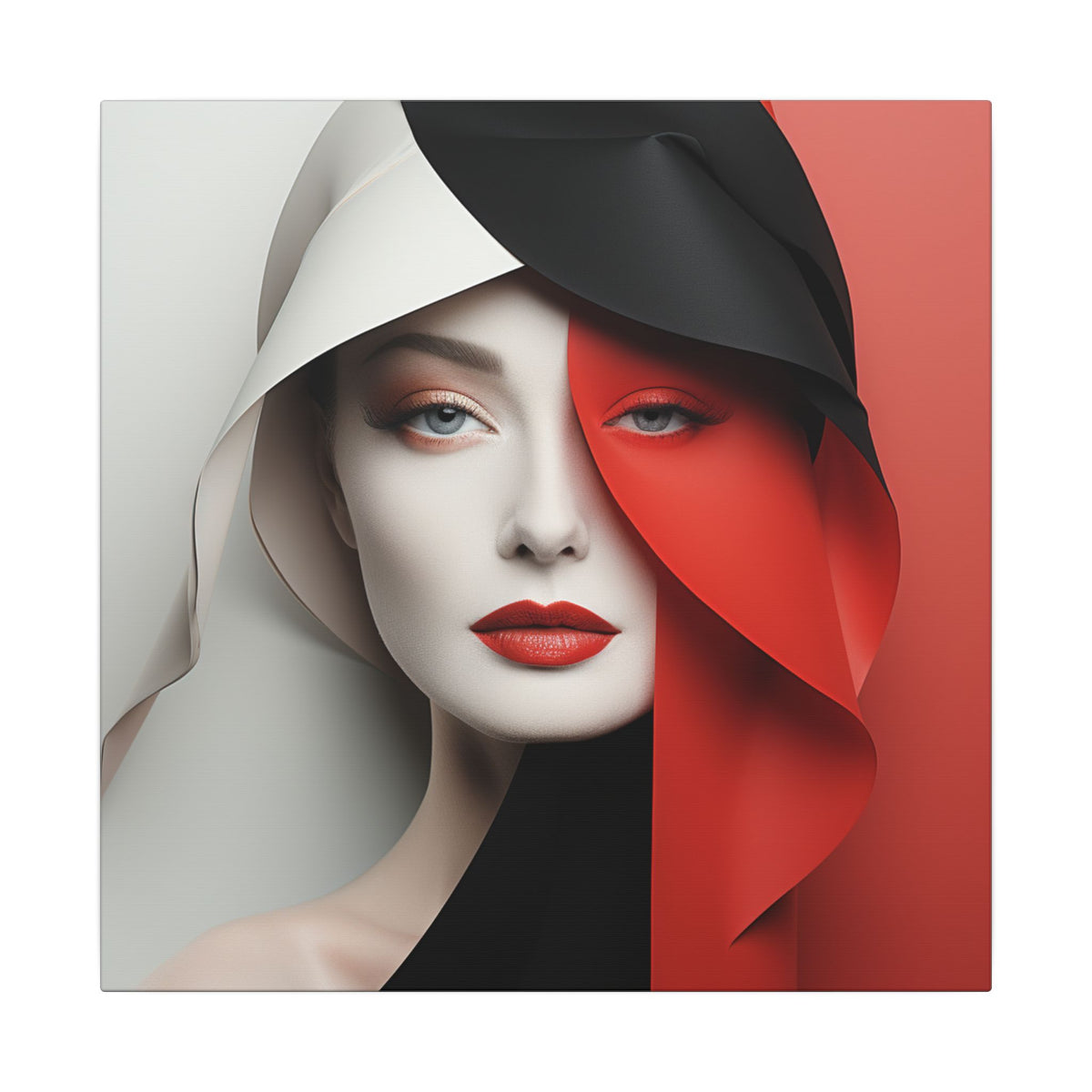 Split Poise – Modern Red Black Female Portrait Canvas Print