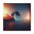 Moody geometric abstraction with sharp planes and glowing edges in crimson, indigo, gold, and teal suggesting an illuminated passage