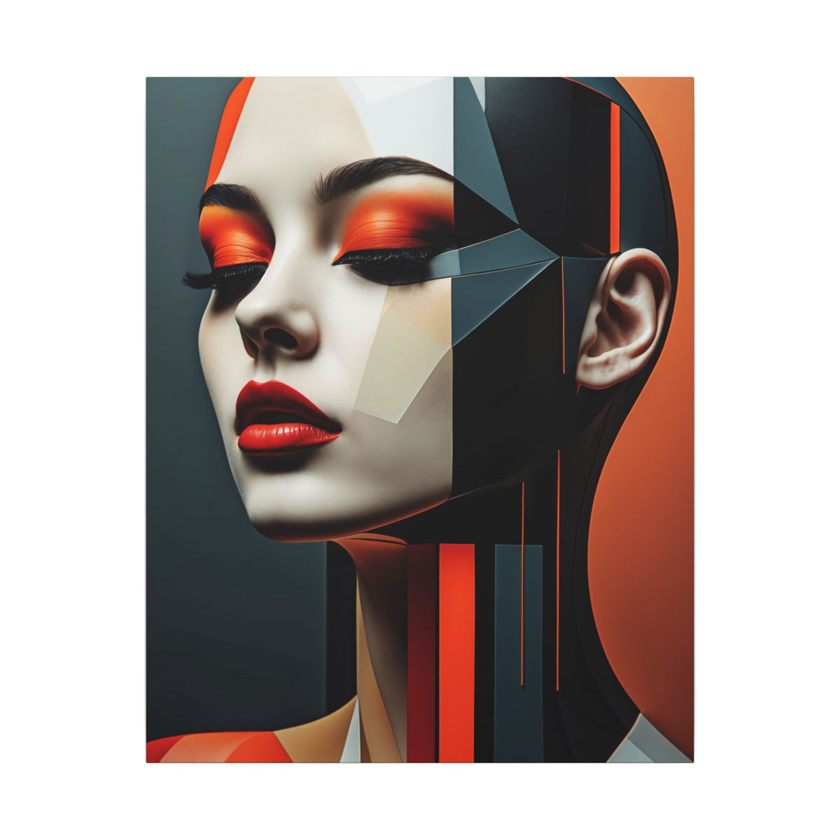 Serene female portrait formed by angular planes in charcoal, black, cream, slate and vivid orange-red, eyes closed and poised expression.
