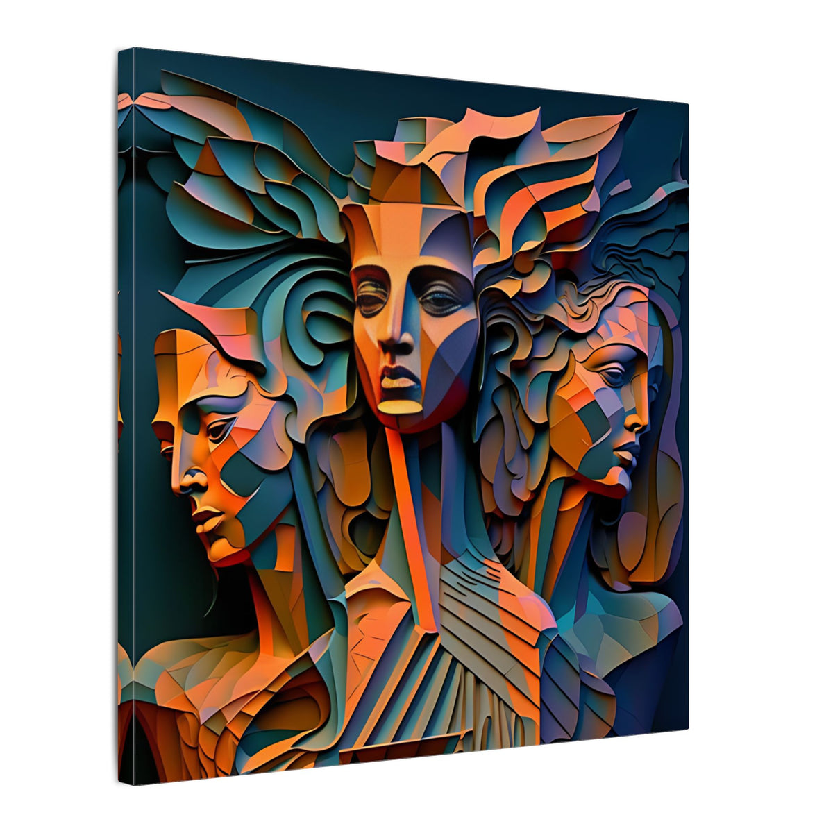 The Three Voices – Sculptural Geometric Triple Portrait Canvas Print