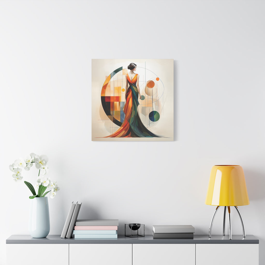 Chromatic Elegance — Abstract Geometric Fashion Portrait in a Flowing Couture Gown