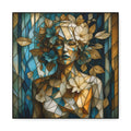 Stained-glass–style portrait of a serene woman made of geometric panes entwined with layered teal, emerald, gold, amber, ivory, and bronze blossoms