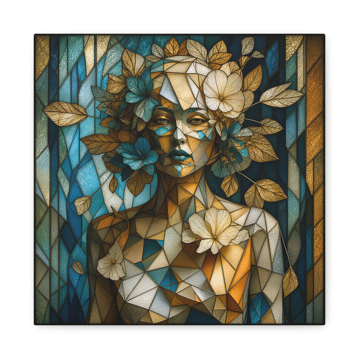 Stained-glass–style portrait of a serene woman made of geometric panes entwined with layered teal, emerald, gold, amber, ivory, and bronze blossoms