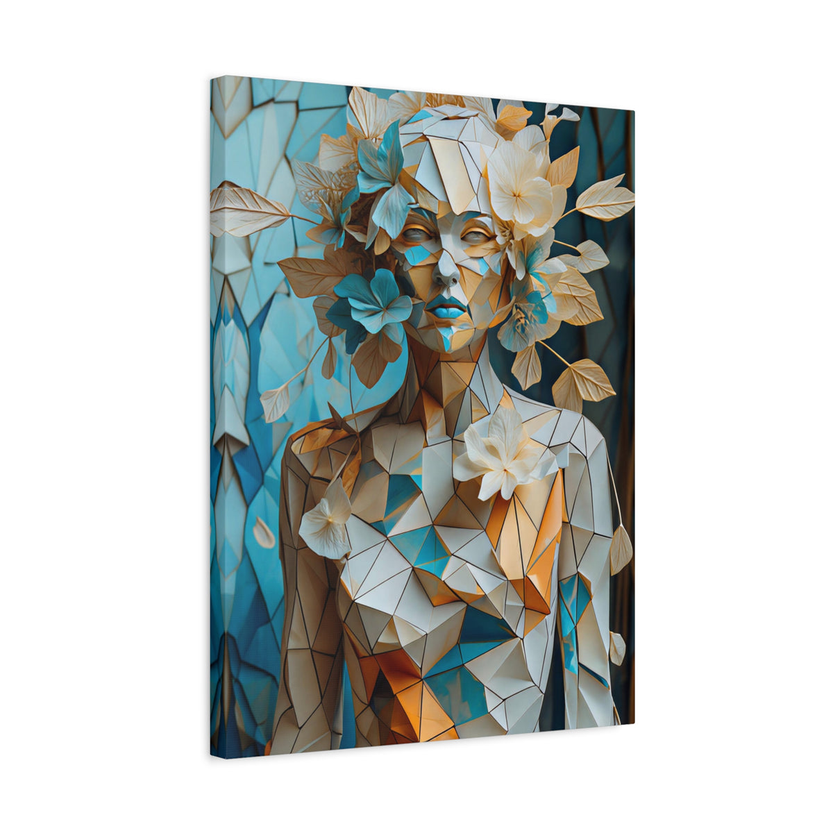 Blooming in Pieces — Geometric Floral Woman Portrait in Ivory, Turquoise & Gold