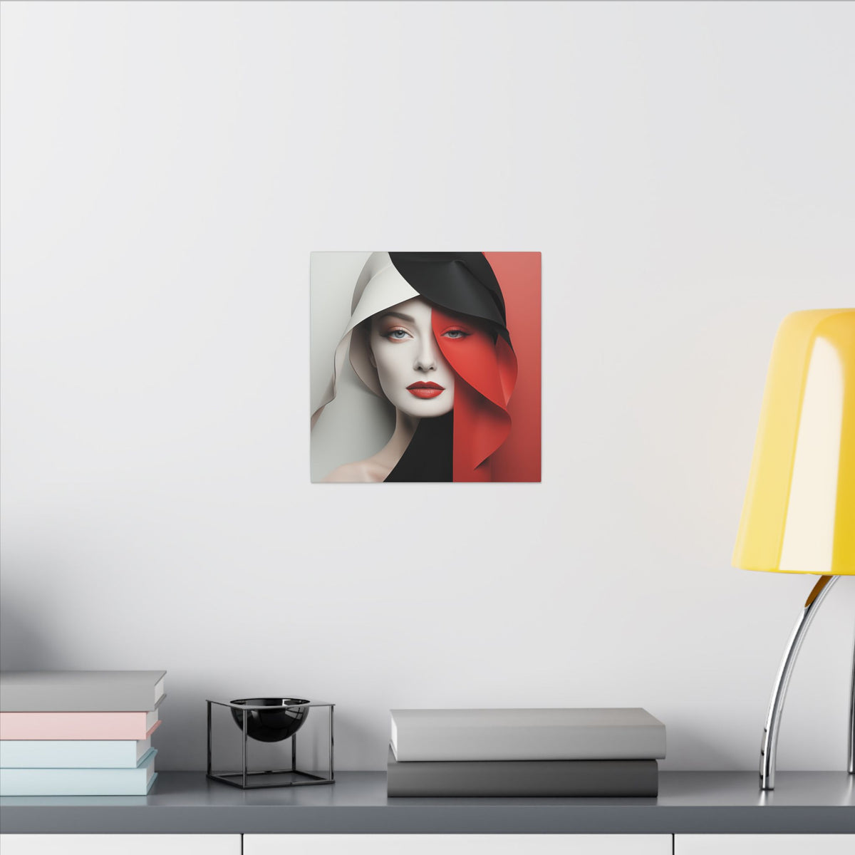Split Poise – Modern Red Black Female Portrait Canvas Print