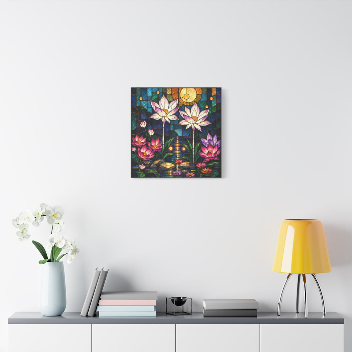 Moonlit Lotus Sanctuary — Stained Glass Floral Garden Wall Art