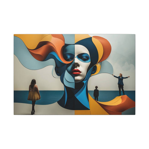 Stylized central face amid layered deep blue, cream, golden yellow and burnt orange shapes with flowing ribbon forms and tiny silhouetted figures