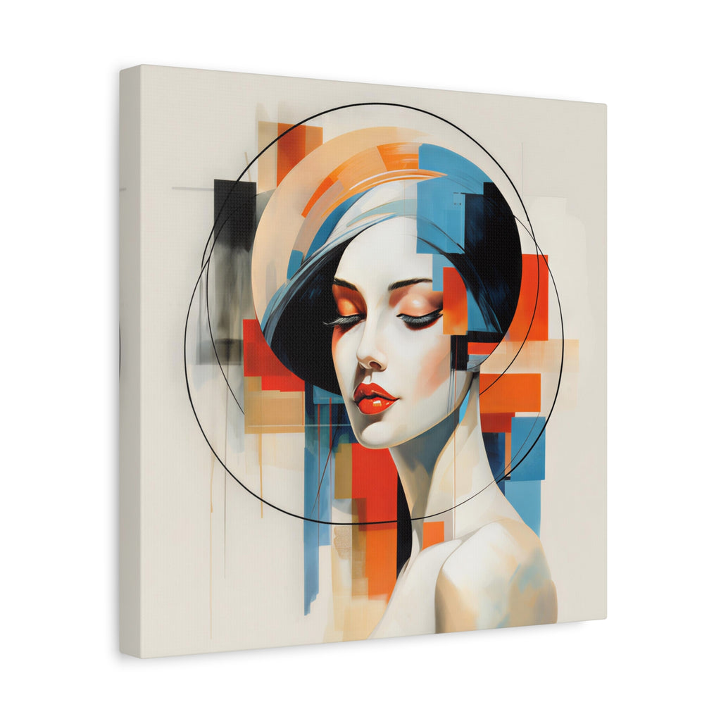 Perfectly Composed — Abstract Geometric Woman Portrait in Orange, Blue & Ivory