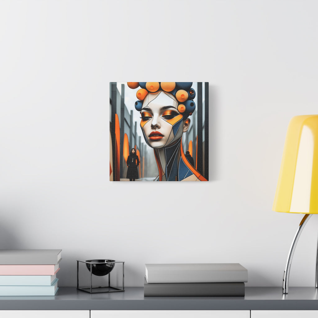 Future Icon — Futuristic Geometric Woman Portrait in Orange & Midnight Blue