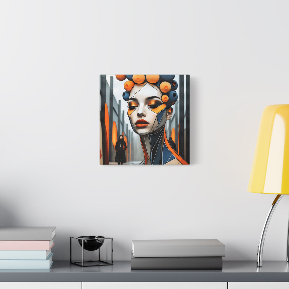 Future Icon — Futuristic Geometric Woman Portrait in Orange & Midnight Blue