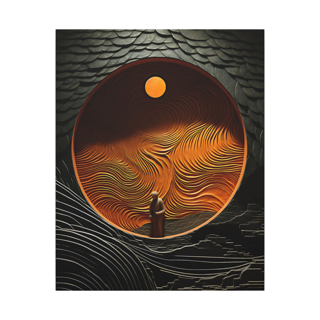 Solitary figure before a glowing orange oval filled with flowing topographic lines, framed by layered black, charcoal, and muted gray landscape
