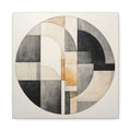 Layered geometric abstraction with a large charcoal circle framing intersecting arcs, rectangles in ivory, cream, soft gray and muted gold accents