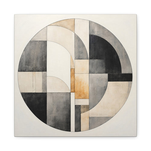 Layered geometric abstraction with a large charcoal circle framing intersecting arcs, rectangles in ivory, cream, soft gray and muted gold accents