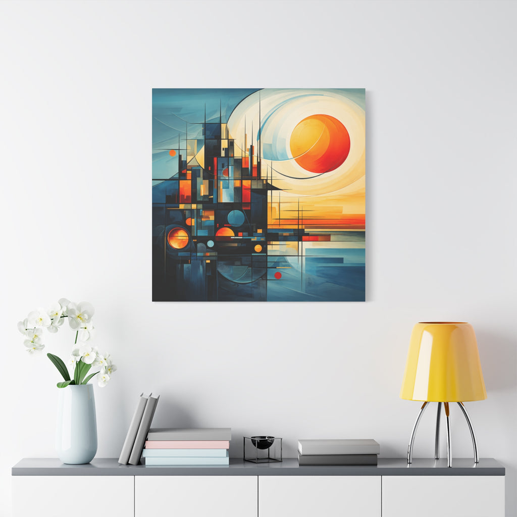 Sun Beyond Structure – Geometric Abstract Sunrise Canvas Print