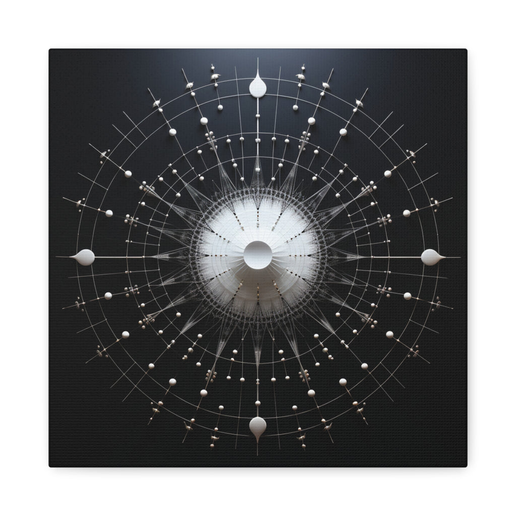 Monochrome sacred-geometry abstraction with a central radiant circle, radial lines, orbital rings, floating spheres and fine geometric grids in white, silver, charcoal, and black.