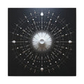 Monochrome sacred-geometry abstraction with a central radiant circle, radial lines, orbital rings, floating spheres and fine geometric grids in white, silver, charcoal, and black.