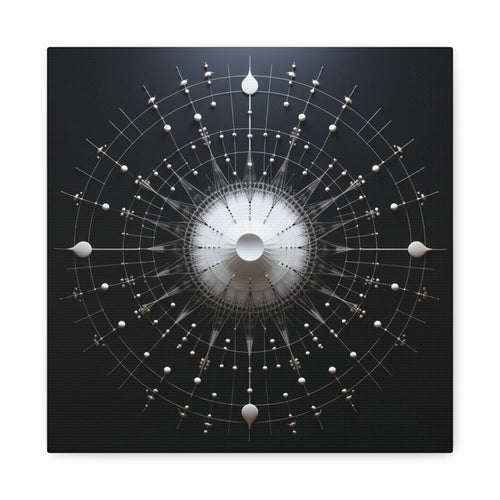 Monochrome sacred-geometry abstraction with a central radiant circle, radial lines, orbital rings, floating spheres and fine geometric grids in white, silver, charcoal, and black.