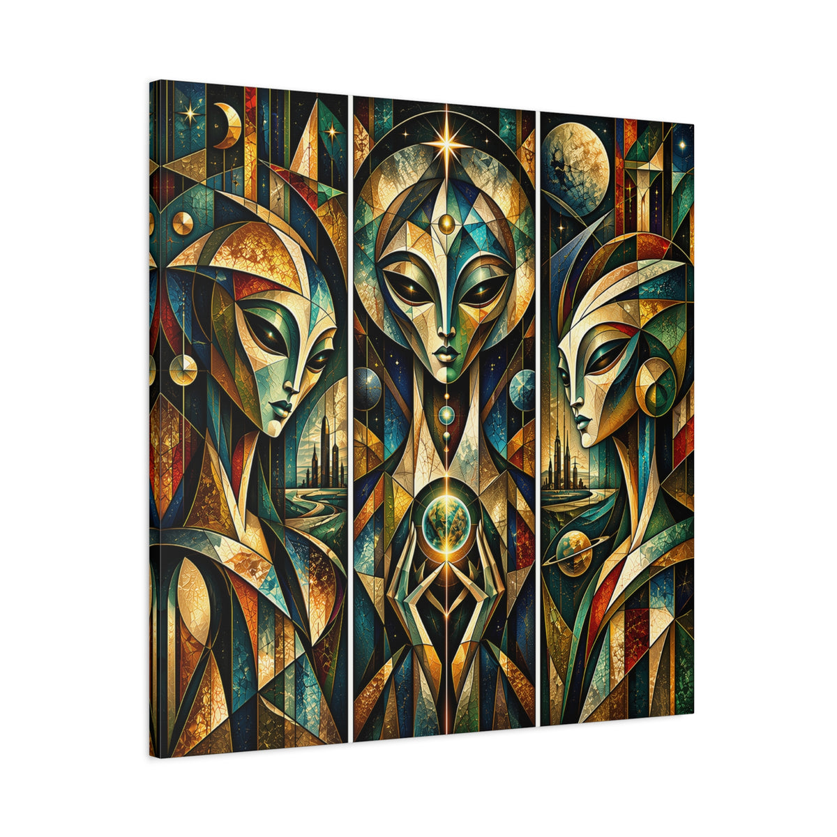 Keepers of the Celestial Gate — Futuristic Geometric Triptych Wall Art