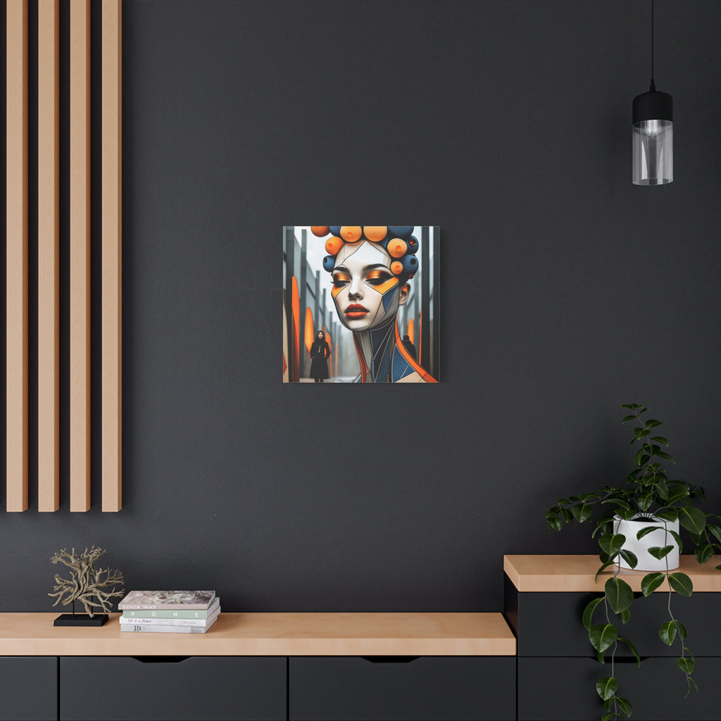 Future Icon — Futuristic Geometric Woman Portrait in Orange & Midnight Blue