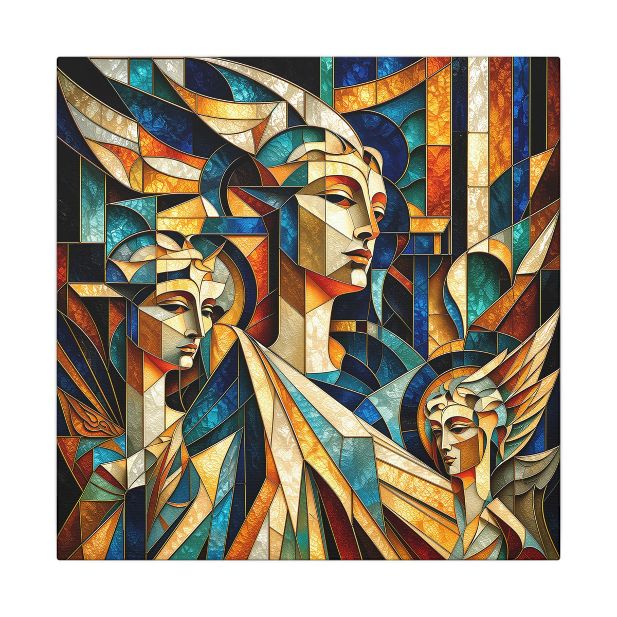 Layered cubist composition of multiple serene neoclassical feminine faces, drapery and winged architectural forms in cream, ivory, black, bronze, muted gold and deep teal.